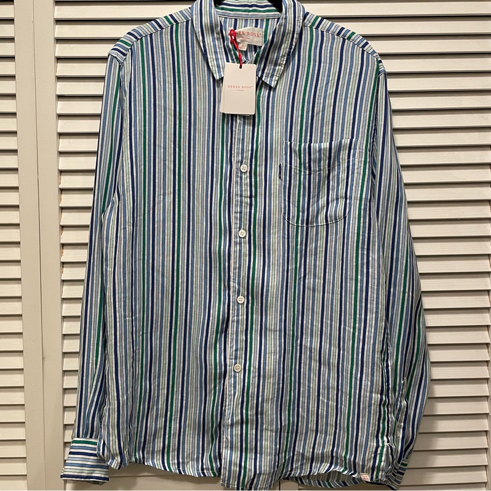 Derek Rose 100% Linen Green/Blue Stripe Shirt